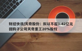 财经快讯|天奇股份：拟以不超1.42亿元回购子公司天奇重工20%股权